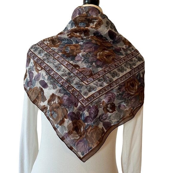 Floral Sheer Square Scarf Brown Purple Lightweight Polyester Vintage Design - Picture 3 of 9